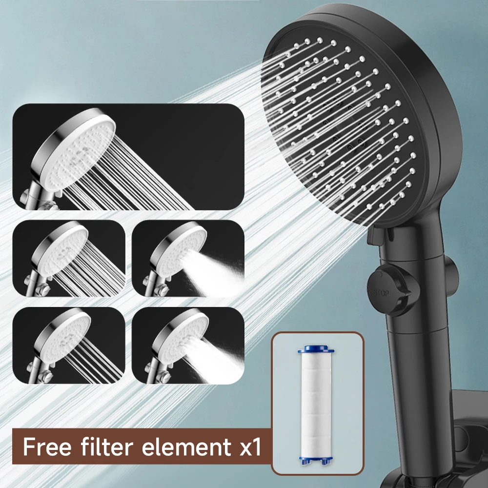 

High Pressure Shower Head with Filter 5 Modes Adjustable Shower Head with One-click Stop Large Flow Spray Bathroom Accessories