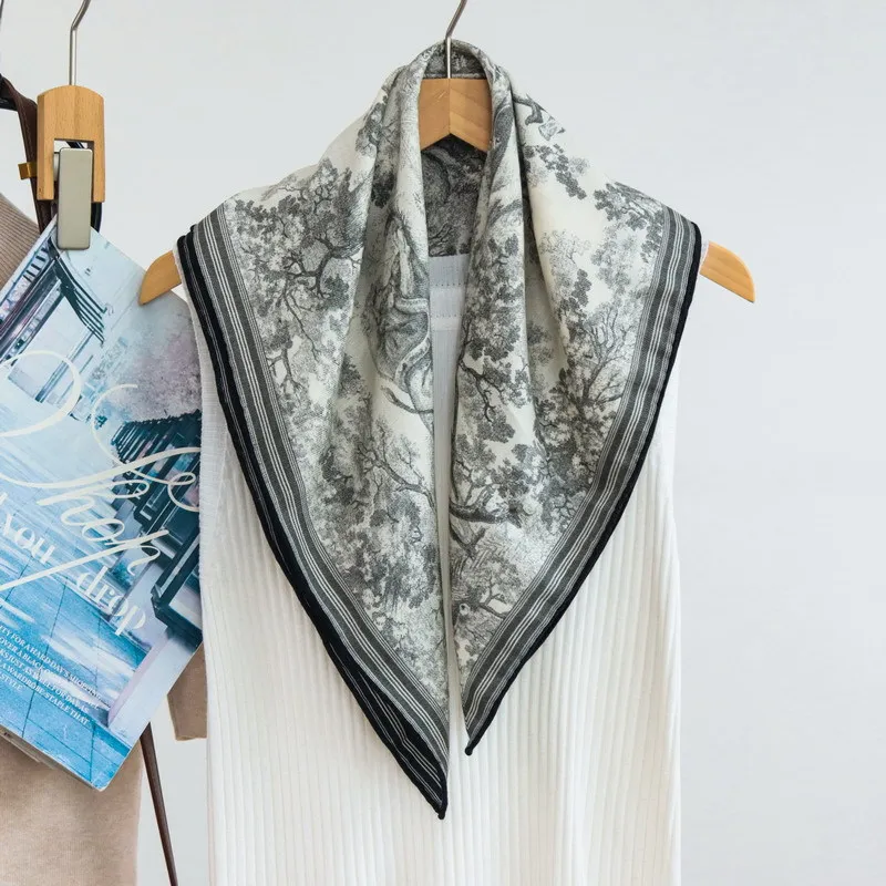 Ink Wash Jungle Double Sided Different Color Silk Wool Square Scarf Literary Style Elegant Women Versatile Decor Shawl Neck Wrap