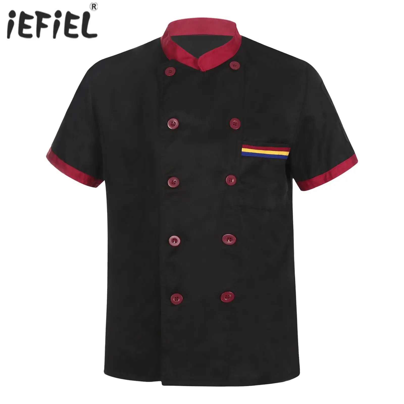 Mens Womens Chef Shirt Work Uniform Short Sleeve Contrast Color Stand Collar Cooking Shirt Food Service Kitchen Tops Costume