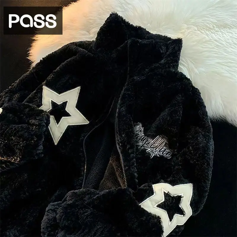 American retro pentagram embroidery fuzzy couple loose ins wind thickening cotton-padded jacket winter coat  jaqueta feminina