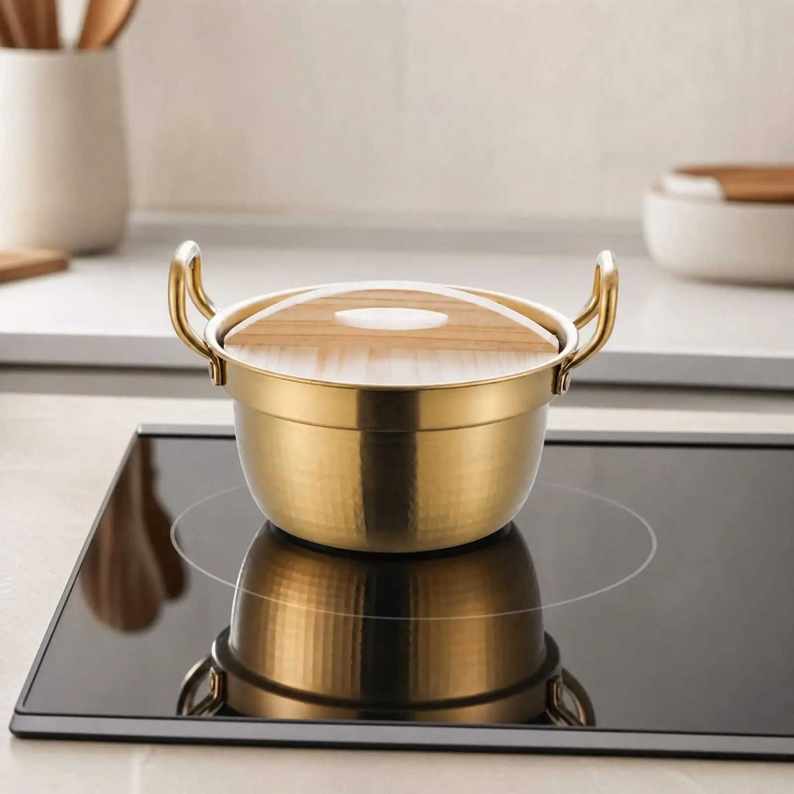 Hammered Finish Noodle Pan with Wood Lid for Broths Grains and Sautes Suitable for Gas Cooktop