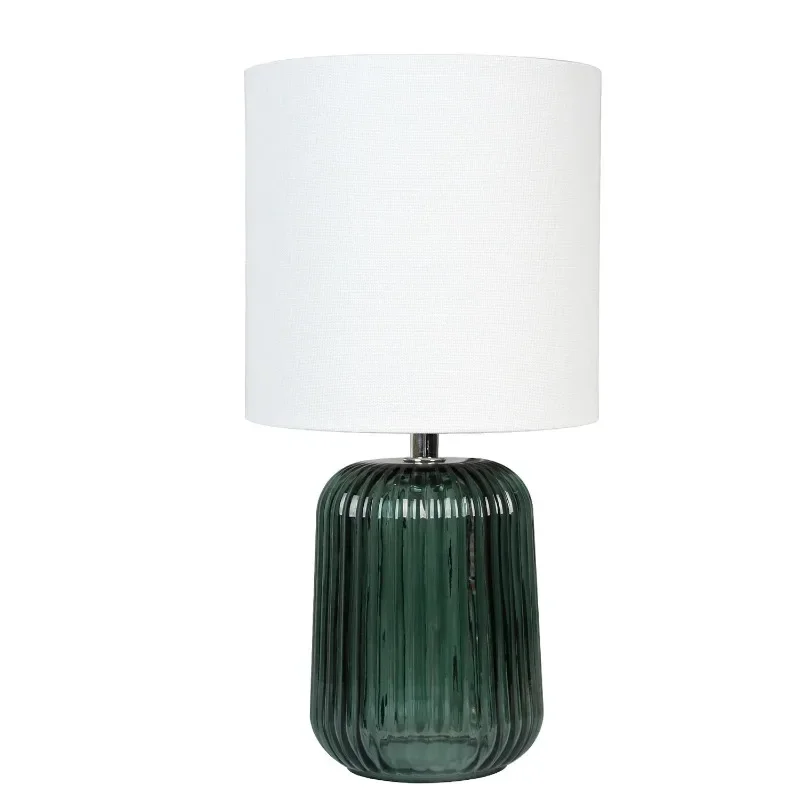 

New Upgrade 12.75"H Mini Green Glass Stripe Table Lamp with White Lamp Shade