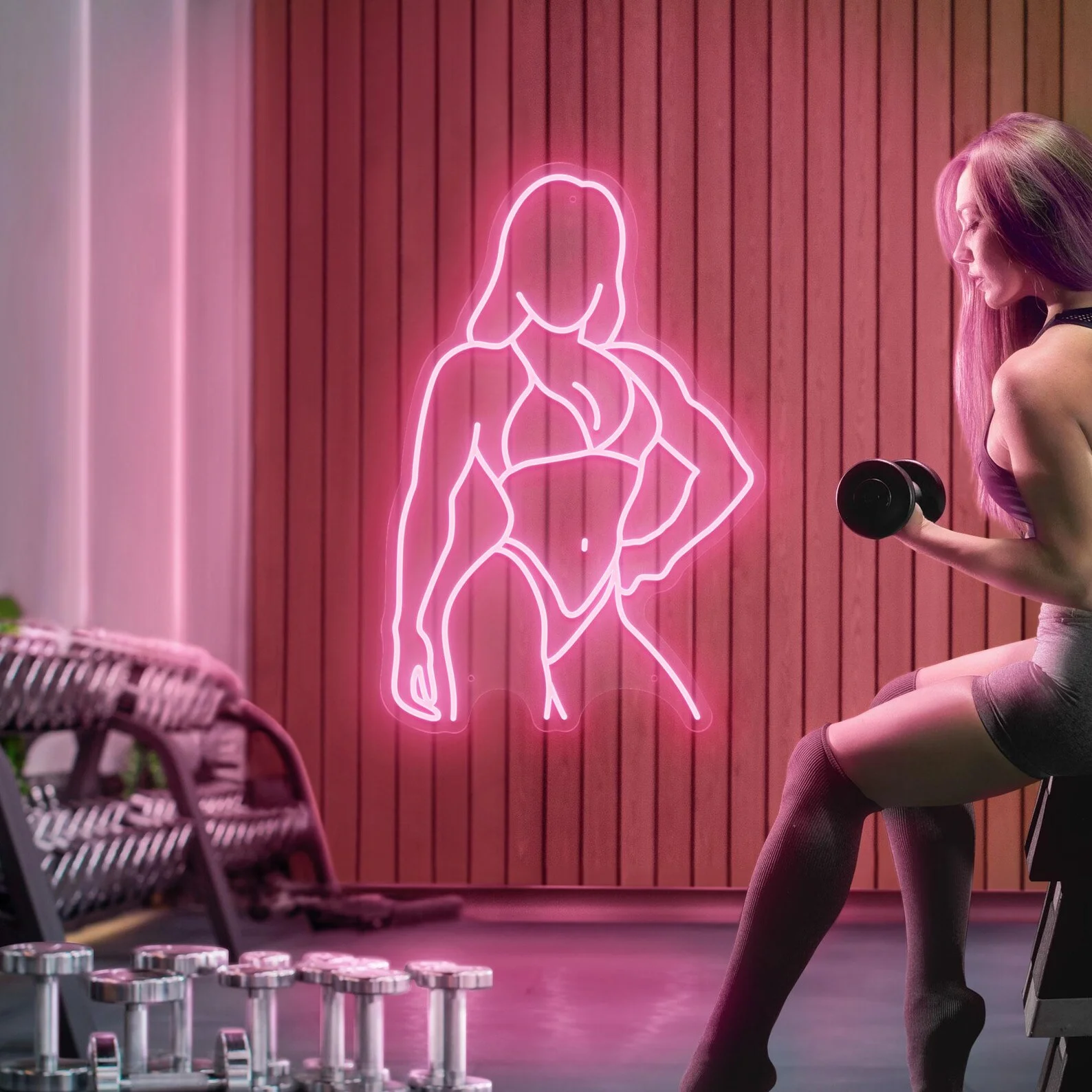 Female Fitness Neon Sign,Strong Woman Bodybuilding LED Light,Fit Girl Wall Art,Gym Decor,Feminine Power Sign,Business Neon Sign