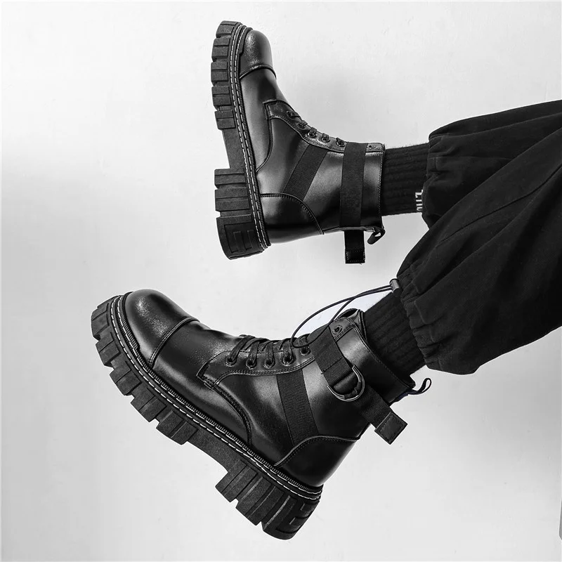 

Personality Black Motorcycle Boots Man British Style Fashion Men's Leather Boots Waterproof Lace-up Platform Ankle Boots For Men
