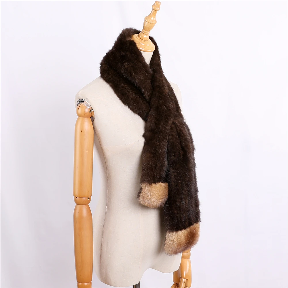 Luxury Women\'s 100% Real Sable Fur Knitted Scarf Natural Mink Scarves Lady Fahion Winter Wraps Girl Solid Neckercheif 120cm Long