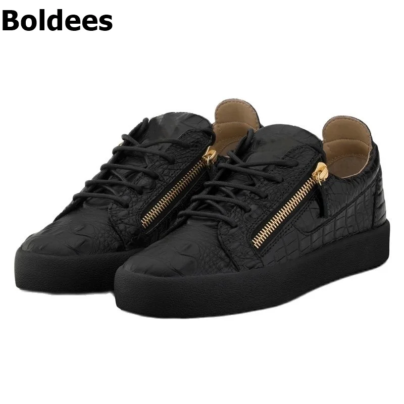 

Black Leather Lace Up Sneakers Men Casual Shoes Pleated Stone Grain Printed Pattern Shoes Man Comfortable Flats Loafer