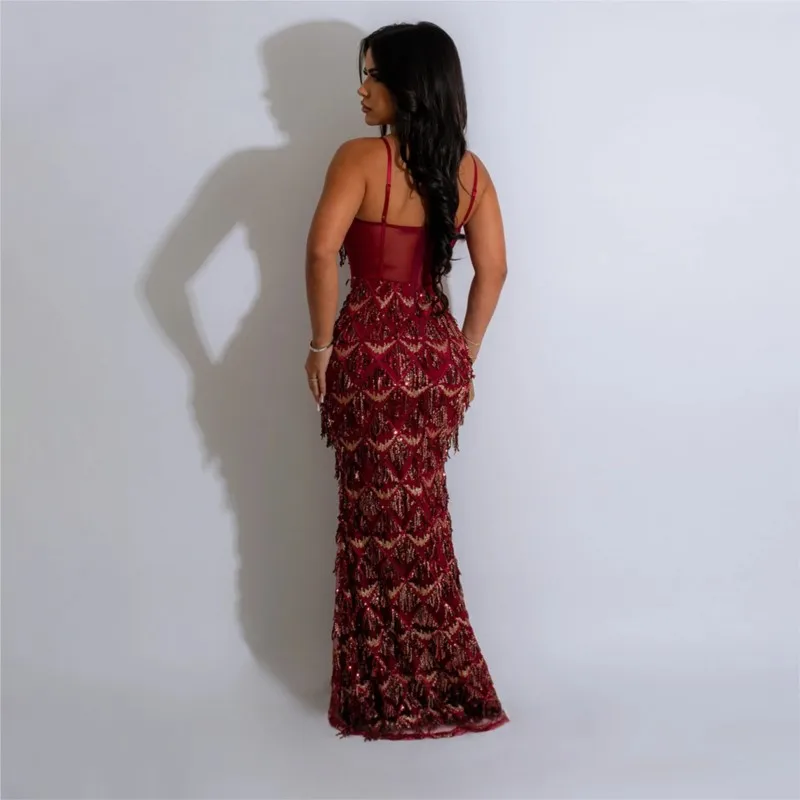 MsChuh Spaghetti Strap Evening Dress Vestidos Dresses For Woman Party Wedding Temperament Hot Girl Style Package Hip Sequin Slim
