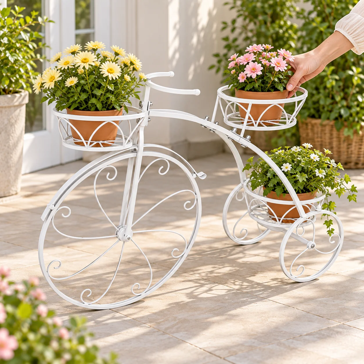 Metal Tricycle Plant Stand, Vintage White Bicycle Flower Cart Holder with 3 Tier Baskets, Decorative Garden Display Rack Shelf for Indoor Outdoor Patio Balcony Planters, 31