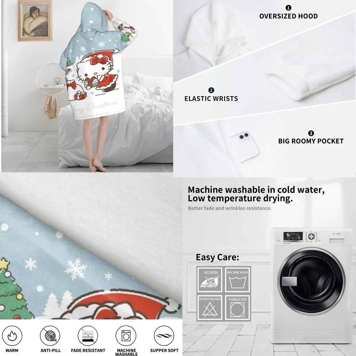 ハローキティ クリスマス 冬 雪柄 オーバーサイズ ブランケット パーカー スウェットシャツ ロング フリース フード付き ウェアブルブランケット 大きなポケット付き