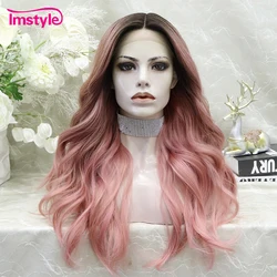 Imstyle Pink Wig Synthetic Lace Wig Middle Part Natural Wavy T Lace Wigs For Women Party Cosplay Wig Heat Resistant