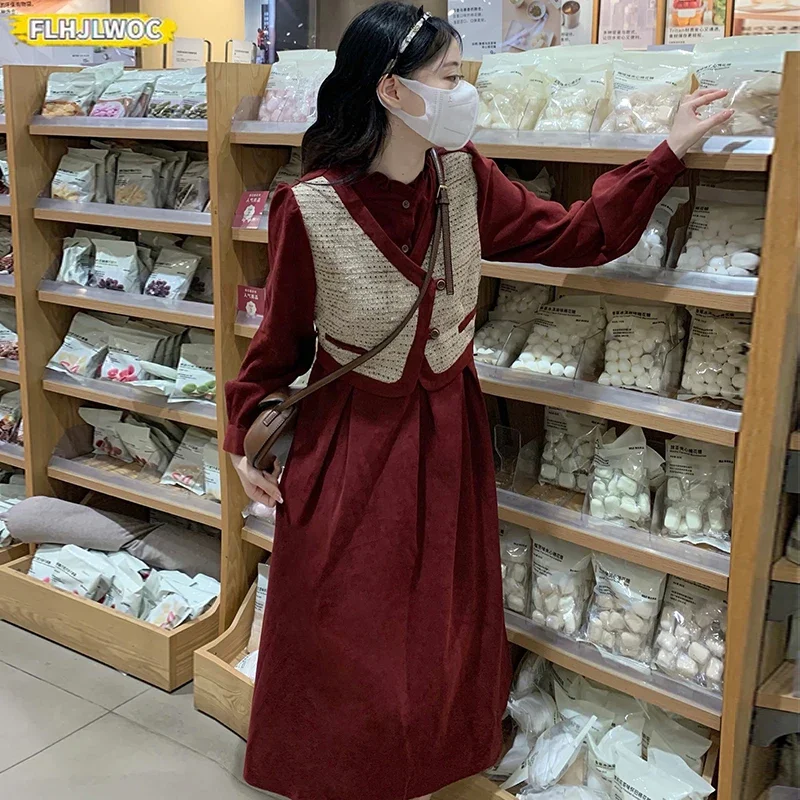 Año nuevo arte Mori niñas vestido largo Otoño Invierno Retro Vintage estilo japonés lindo dulce Y2K falso diseño de dos piezas vestido de pana