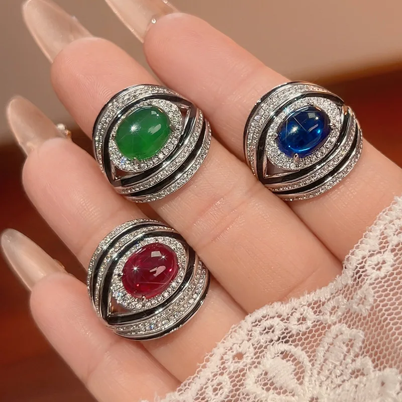 Jewelry Ring Oval Royal Blue Red Corundum Green Chalcedony Fashion Sense Women's Vintage High-end Feel