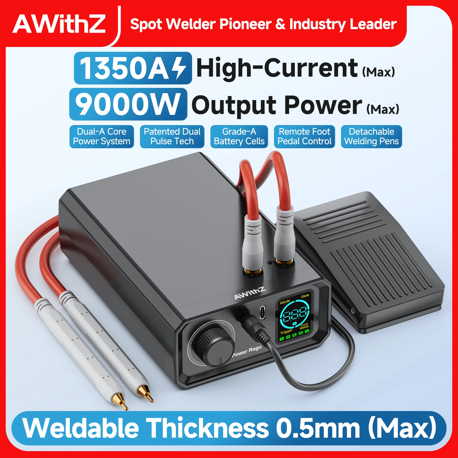 Awithz 9000W Spot Welder High Power Portable Pedal Spot Welding Machine 1350A present Adjustable Welders for DIY 18650 Battery