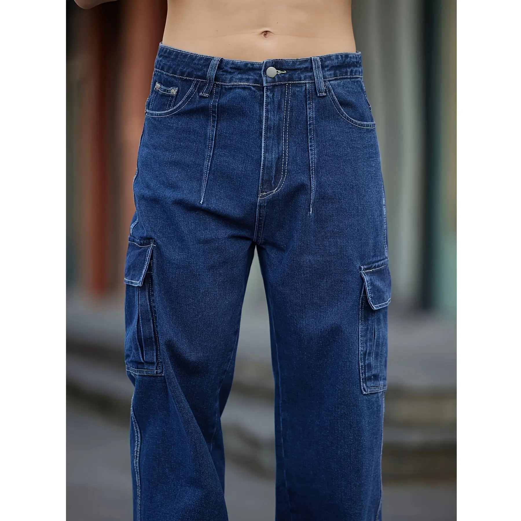 جينز رجالي للربيع والخريف مغسول باللون الأزرق الداكن بأرجل مستقيمة، تصميم كاجوال متعدد الجيوب، سروال فضفاض واسع الساق كبير الحجم