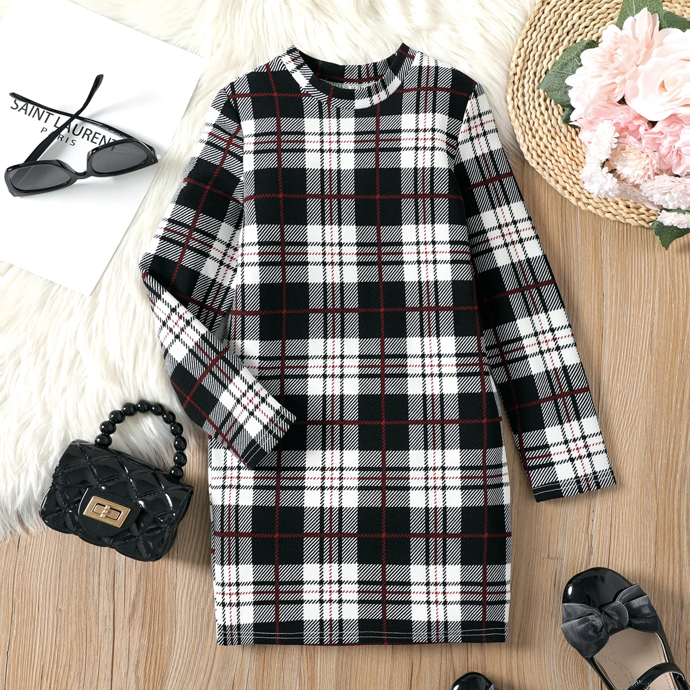 PatPat Christmas Dresses Kid Girl Christmas Plaid Stand Collar Long-sleeve Dress