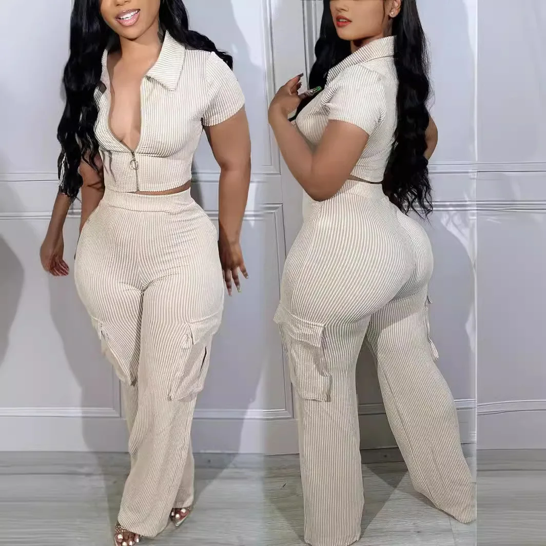 

Sets Womens 2 Piece Spring Summer Pocket Pants Set, Solid Color Zipper Short Sleeved Top Womens Current Life Pants Two-piece Set
