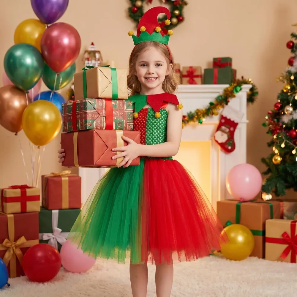 2026 Neues Weihnachts-Tutu-Kleid Festliches Tüllkleid Feiertags-Bühnenauftritts-Outfit Weihnachtsparty Flauschiges Mehrlagiges Mesh-Modekleid