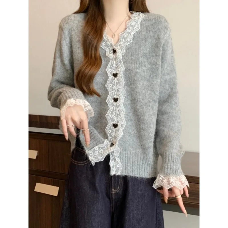 Women V Neck Lace Trim Knit Cardigan Heart Shape Button Long Sleeve Loose Sweater Coat