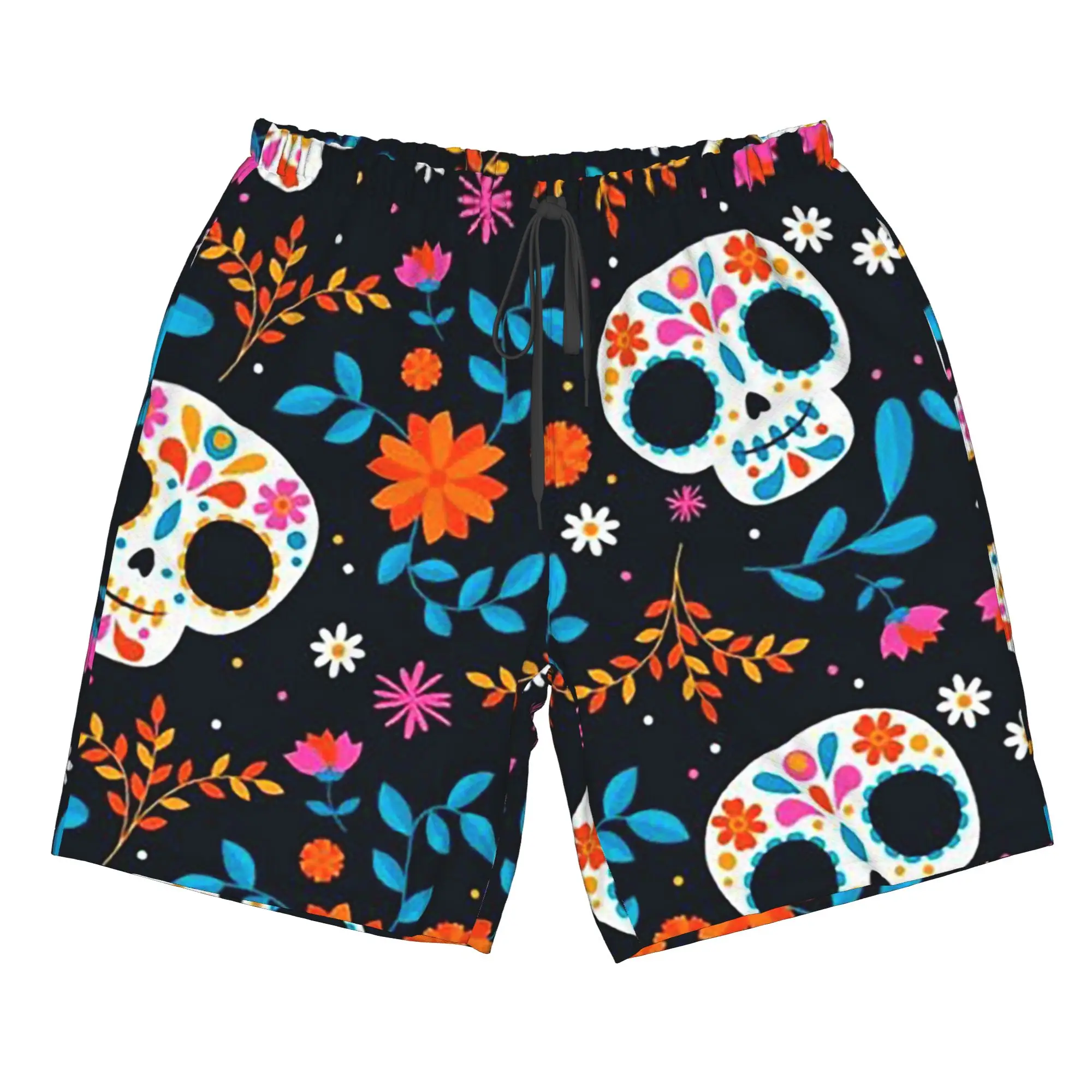 Multicolor Skull And Floral Pattern Trunks Beach Board Shorts Casual Quick Dry Swim Summer Men Pants