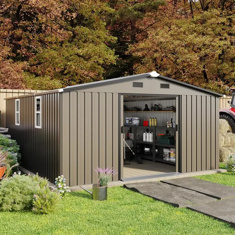 

10x12ft 0.25mm Color Steel Storage Shed with Protective Film, Two Daylight Windows, Ideal Gift, Two Color Options Available