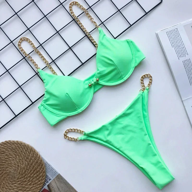 Sexy Metal Chains String High Cut One Piece Swimsuit Women Swimwear Female Monokini Tummy Cut Out Bathing Suit Swim Beach Wear