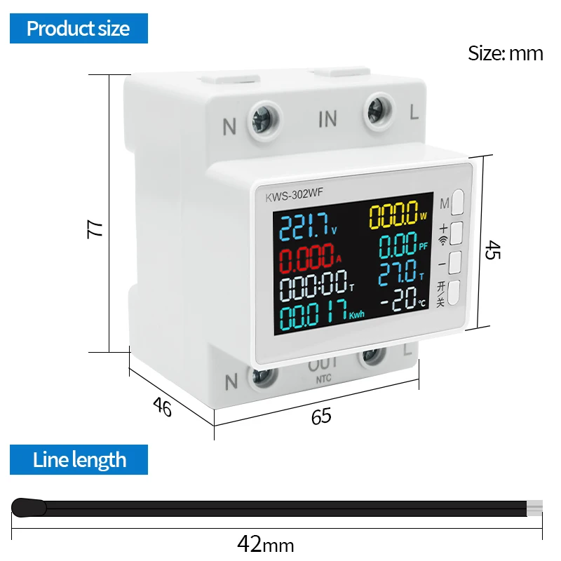 LCTC Tuya WiFi 8in1 Energy Meter APP Controls 2P AC Energy Meter 850-200VAC 63A Voltage Ammeter Energy Meter Smart Life