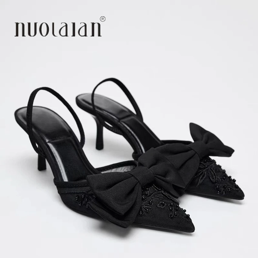 Designer Bow String Bead Women Wedding Pumps Mesh Embroidered Flowers Back Strap Sexy Slingback High Heel Dress Shoes for Ladies