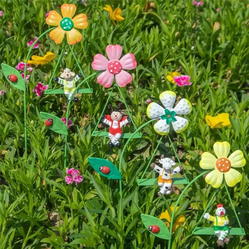 

AC23-Iron Garden Flowers 6Pcs Decorative Iron Plant Stakes 10.6 Inch Ornamental Yard Stakes With Cute Animals On Swings