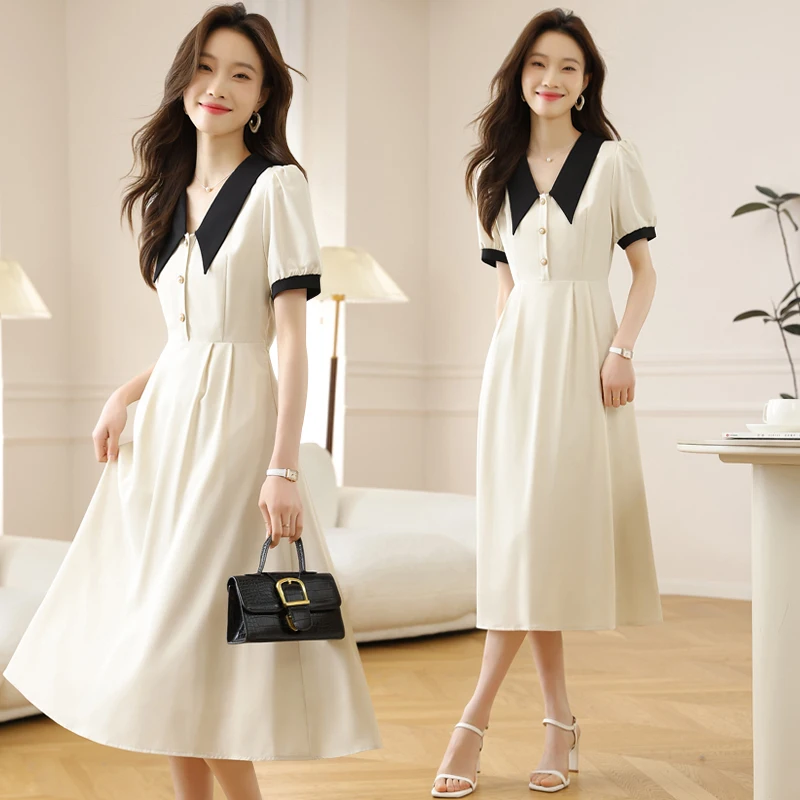 

French Elegant Summer New Women Dress Office Young Ladies Turn Down Collar Short Sleeve High Waist Slim A Line Long Dresses