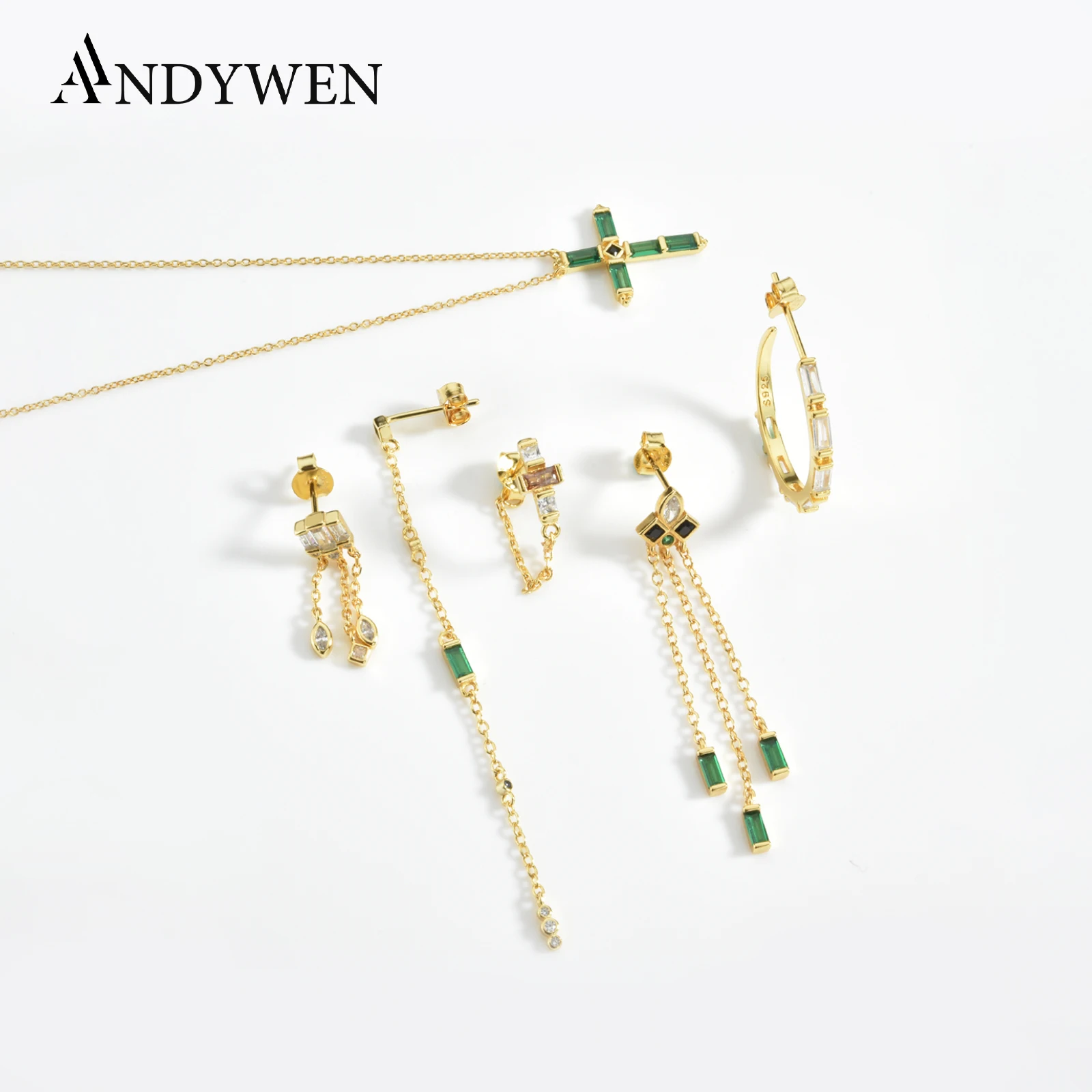 ANDYWEN 925 Sterling Silver Gold Green Black Zircon Chain Earring Piercing Necklace Ring Jewelry Set Anillo Fino Sabrina Zircon