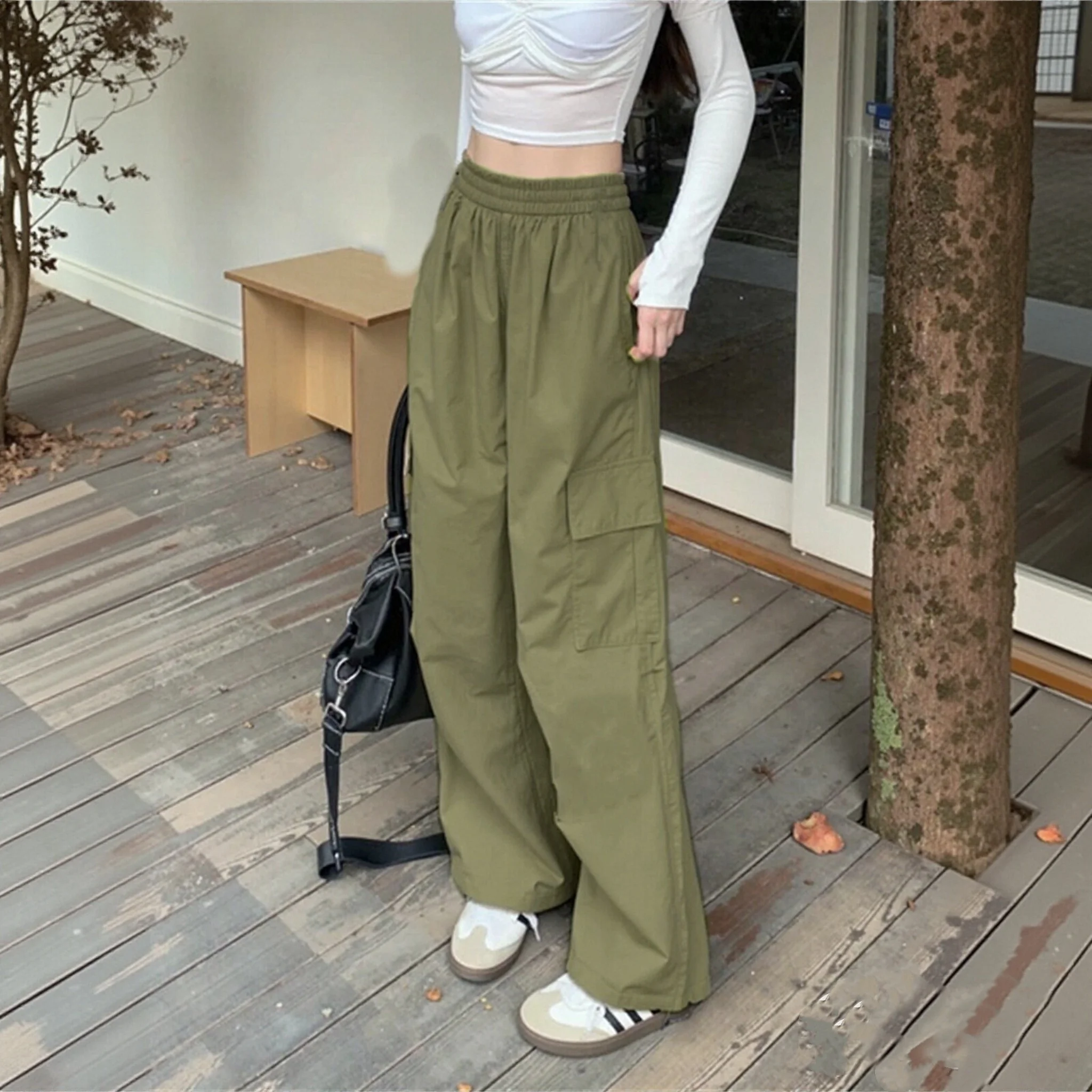Pantalones Cargo rectos de talla grande para mujer, pantalones de cintura elástica con bolsillo liso a la moda, pantalones de calle Retro americanos, ropa informal para mujer