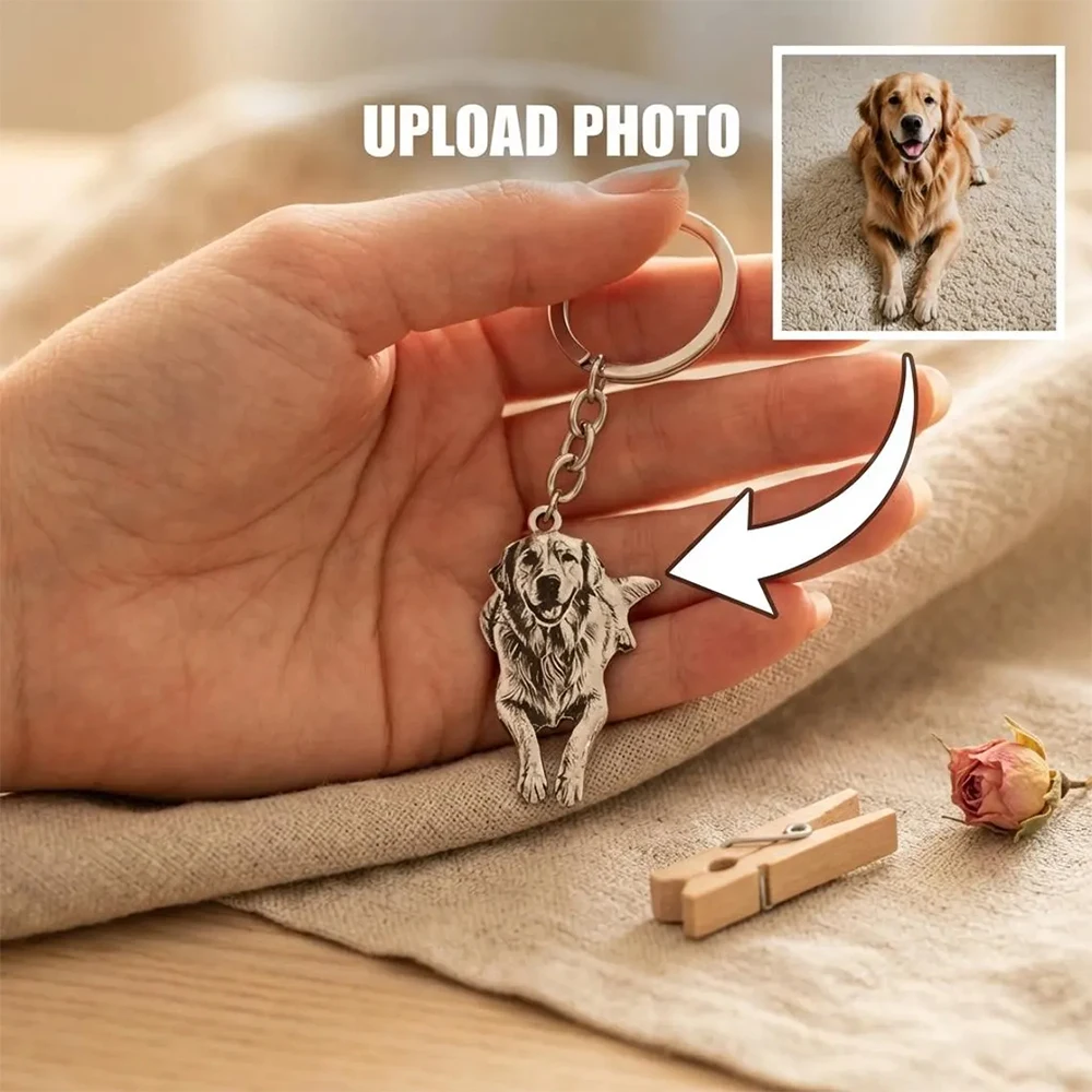 Porte-clés personnalisé avec photo de animal de compagnie gravée, porte-clés en acier inoxydable avec portrait de chien, cadeau commémoratif personnalisé pour les amoureux des chiens, souvenir