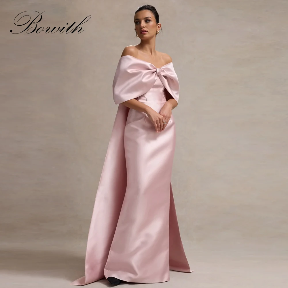 

Bowith Pink Satin Evening Dresses for Women Elegant Party Gown Customized Off the Shoulder Formal Occasion Dresses