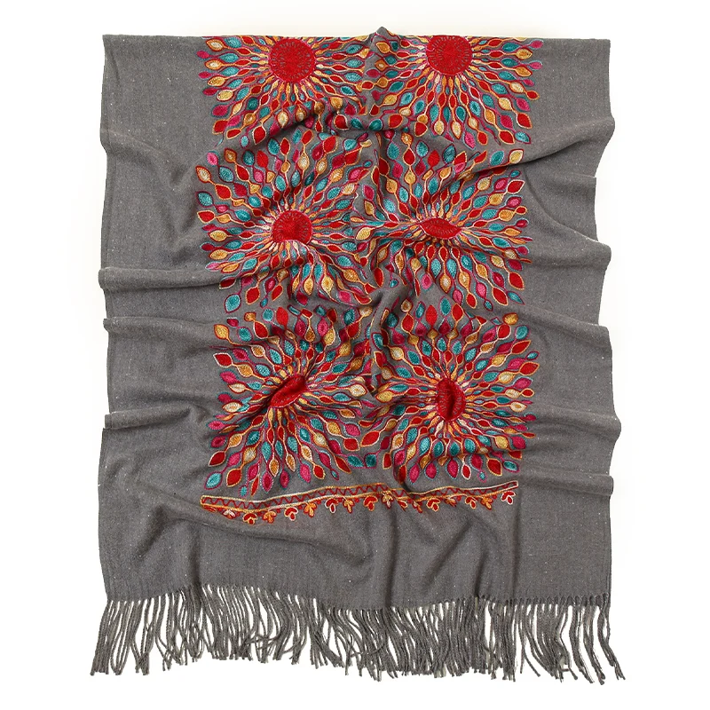 Winter Imitation Cashmere Shawl Thickened Tassel Scarf Floral Embroidery Pashmina For Women Warm Wraps Elegant Scarves