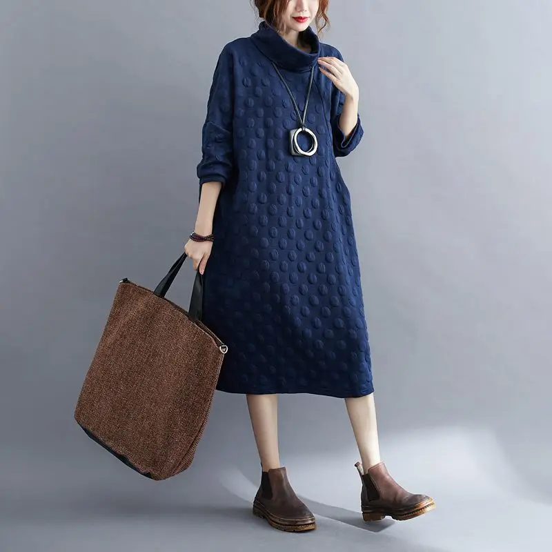 Vintage Fashion High Collar Oversized Elegant Chic Dresses for Women Autumn Winter Simple Solid Long Sleeve Pockets Midi Dress