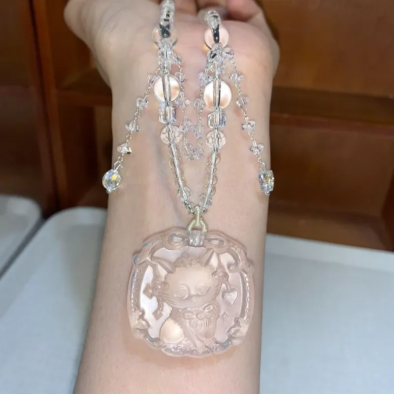 White crystal pendant, ice-through tassel, engraved crystal collarbone chain, niche light luxury jewelry, white crystal