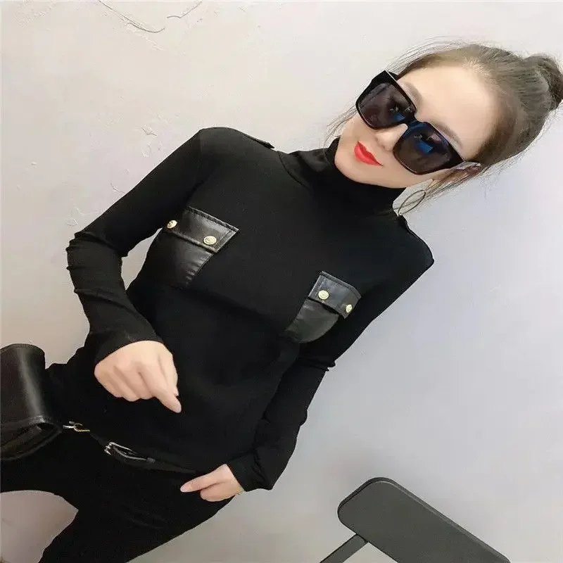 Winter Long Sleeve Turtleneck PU Leather Patchwork Cotton T-shirts Women European Chain Cotton Pullovers Chain Cotton Tops