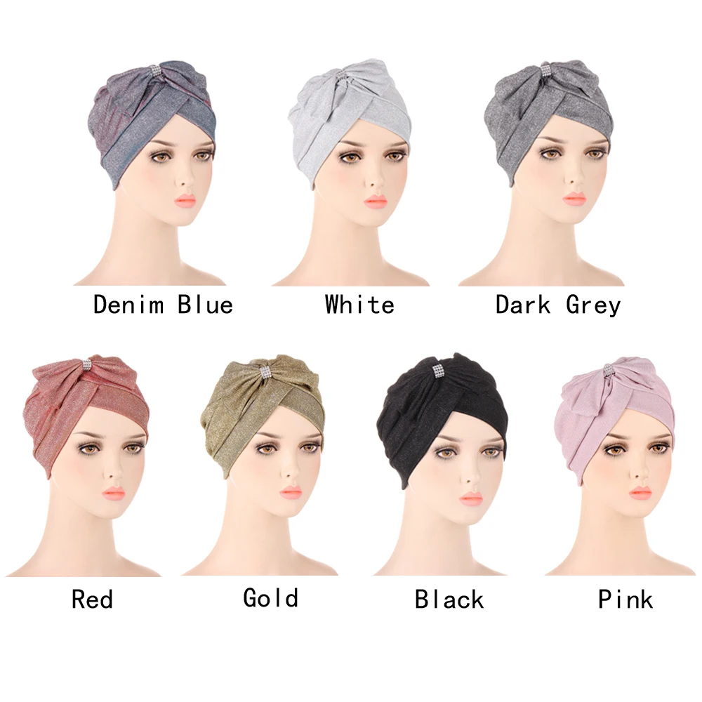 Glitter Spring Summer Women's Turban Caps Soild Color Bow Headscarf Bonnet Muslim Inner Hijab Islamic Under Scarf Turbante Mujer