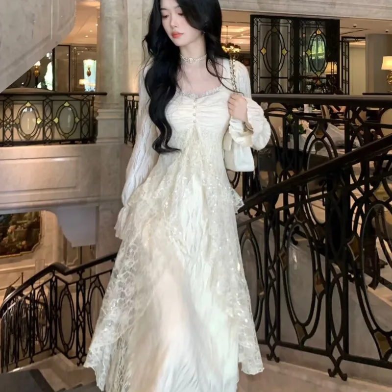 

Autumn New Elegant Midi Dresses For Women Lace Patchwork Flare Sleeve A-line Birthday Party Dress Vestidos Mujer