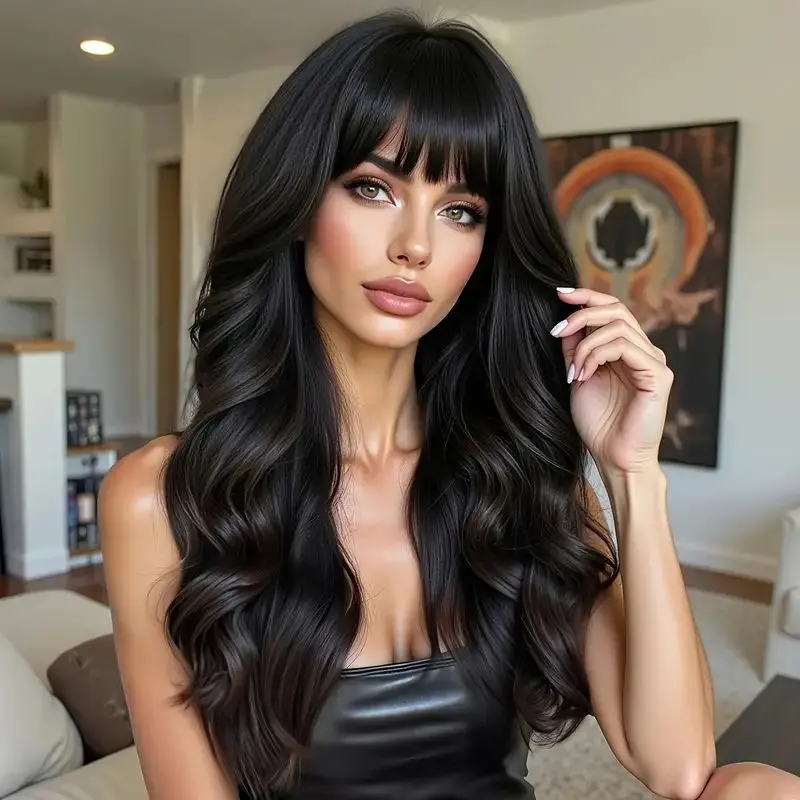 

Black Synthetic Wig With Bangs, Big Waves And Long Curly Hair. A Natural Full-Head Suit For Women's Daily Cosplay