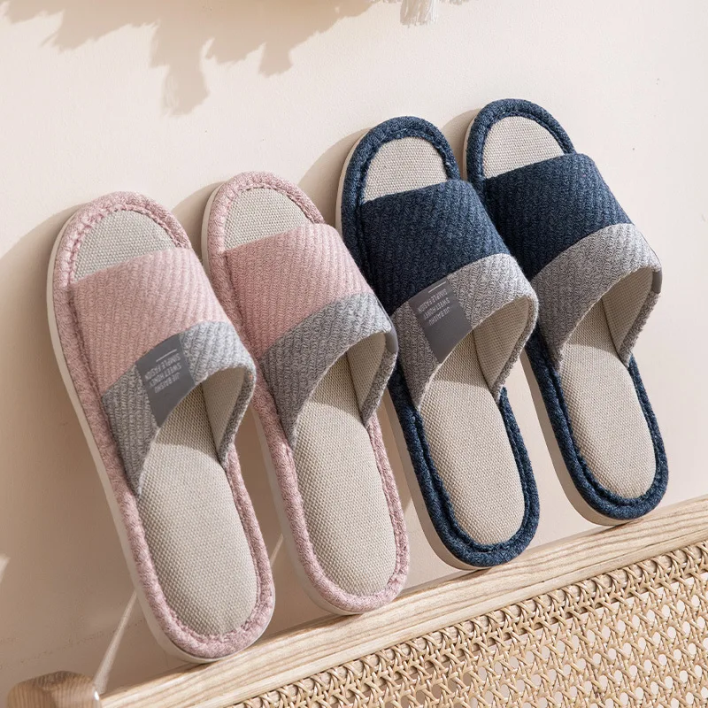 Zapatillas de casa de lino y algodón cómodas para invierno, chanclas de tacón plano antideslizantes para mujer, chanclas de suela blanda Multicolor para interior de casa para adultos