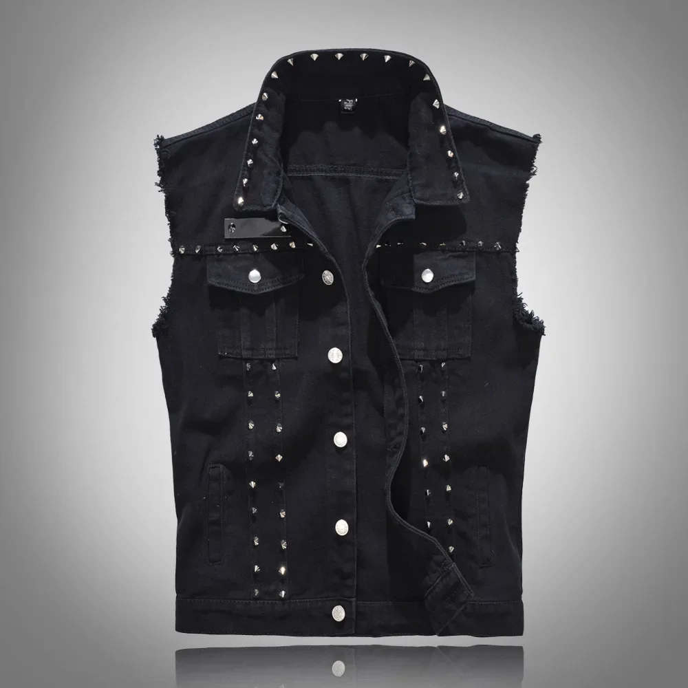 

2024 Men's Spring/Summer Autumn Black Rivet Denim Vest Motorcycle Slim Lapel Vest