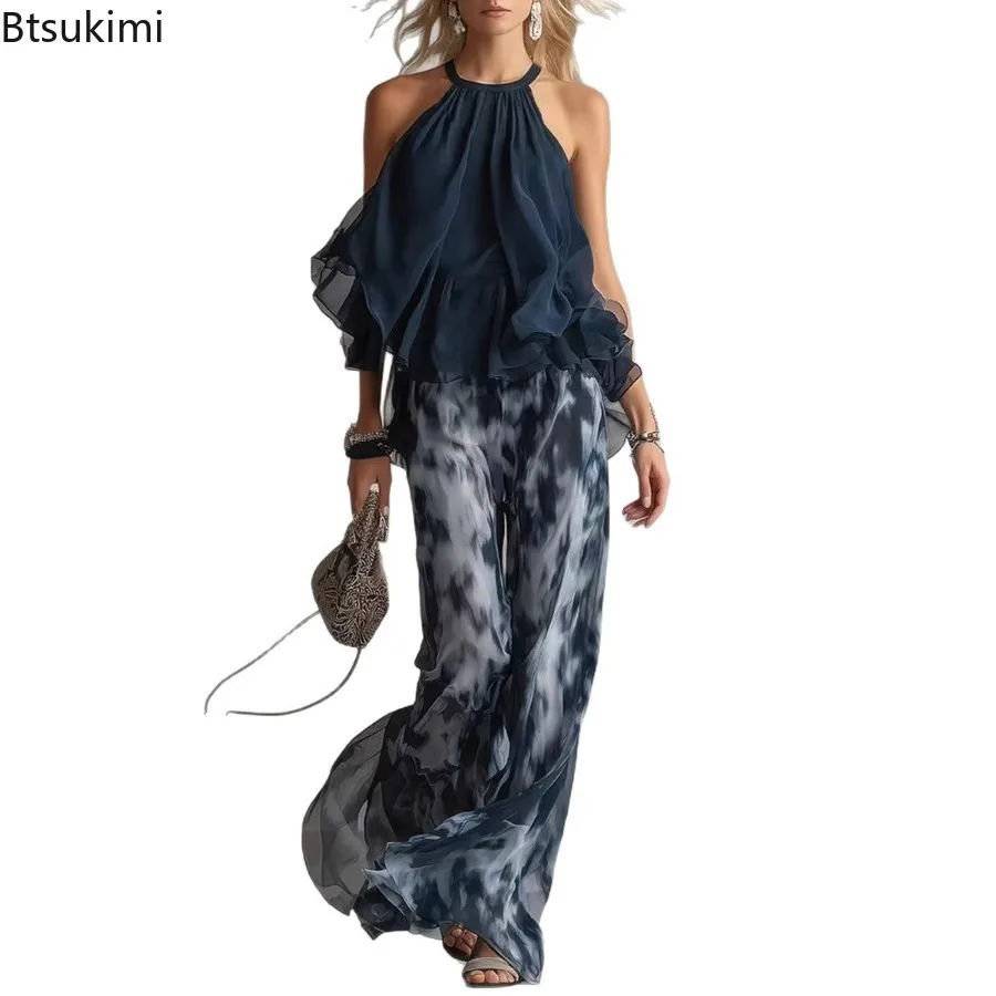 

2026 Women's Summer Fashion Chiffon 2PCS Matching Set Elegant Navy Blue Halter Neck Tops And Printed Wide Leg Pant Ladies Outfit