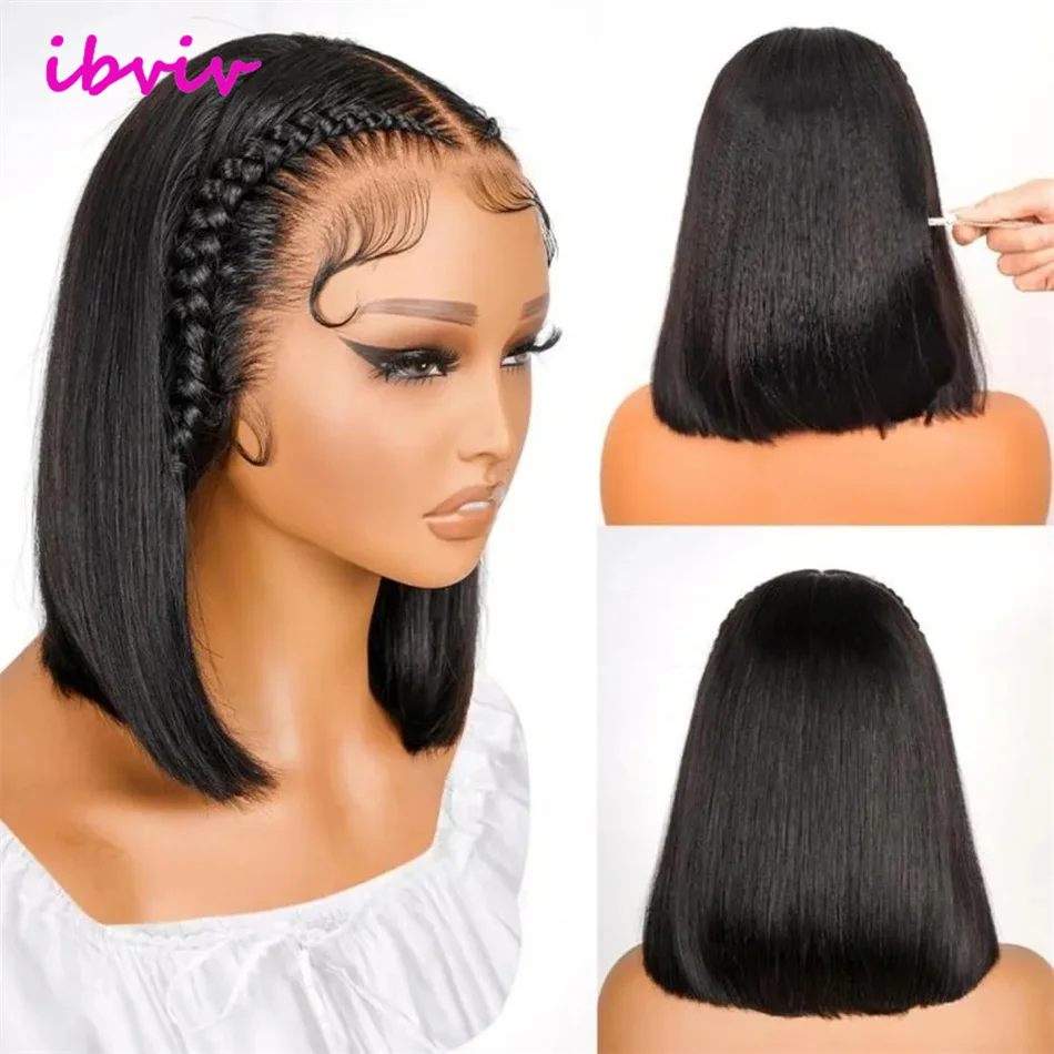 ボブウィッグ人毛13x4レースフロントウィッグ210%密度ショートストレートフロントボブウィッグ透明レースプレプラッキング済みベビーヘア付き