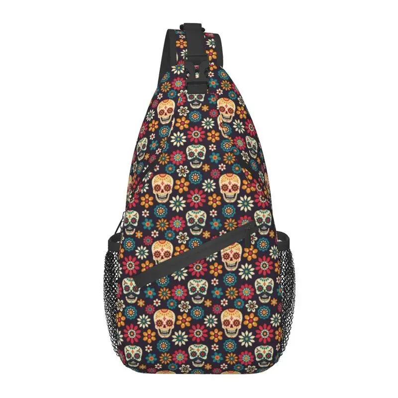 

Cool Day Of The Dead Sugar Skull Pattern Sling Crossbody Backpack Men Mexican Floral Shoulder Chest Bags for Traveling