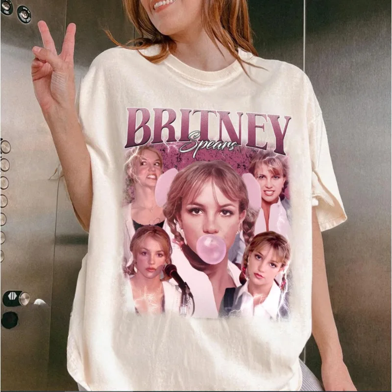 Britney Spears Retrato Impresso Camiseta Feminina Fan de Música Top Primavera/Verão Puro Algodão Unissex Camiseta de Manga Curta