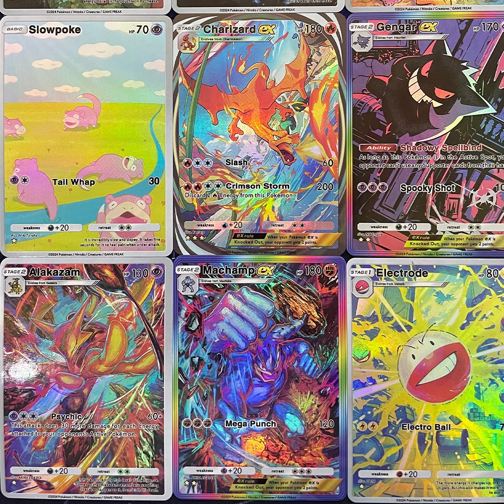 Anime PTCG Pocket Collection Card, Cubone, Charizard, Eevee, Gengar, Alajazam, Machamp, Embossed, Bergame Flash Card, Child Gift, 9Pcs, Set