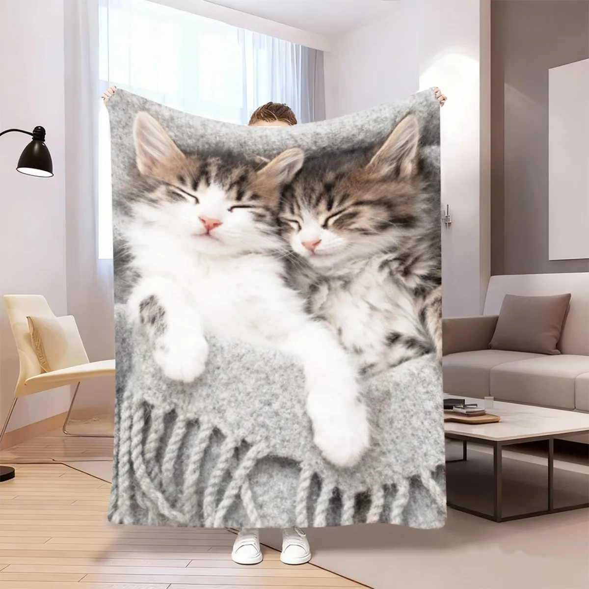 1pc Cute Sleeping Kittens Grey Fringed Throw Flannel Sofa Blanket Foldable, Anti-Tear, Long Lasting, Durable Beautiful Pattern B