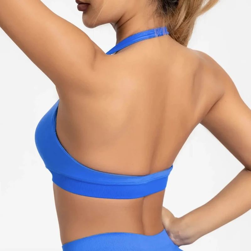 Women's Sexy Backless Yoga Sports Bra Shock-Absorbing Gathered Fitness Bra Beautiful Back Neck Hanging Design
