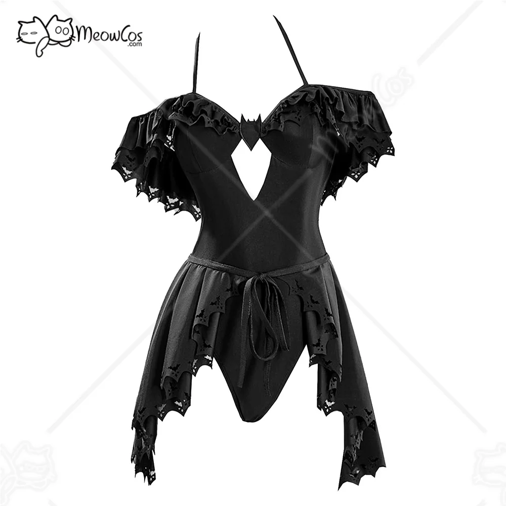 Meowcos Gothic One Piece Swimsuits for Women Black Skeleton Pattern Halter Bathing Suit Tummy Control